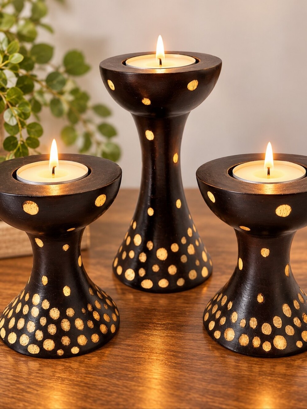Mid-Century Modern Brown & Gold Dotted Wood Tealight Candle Holders - Set of 3